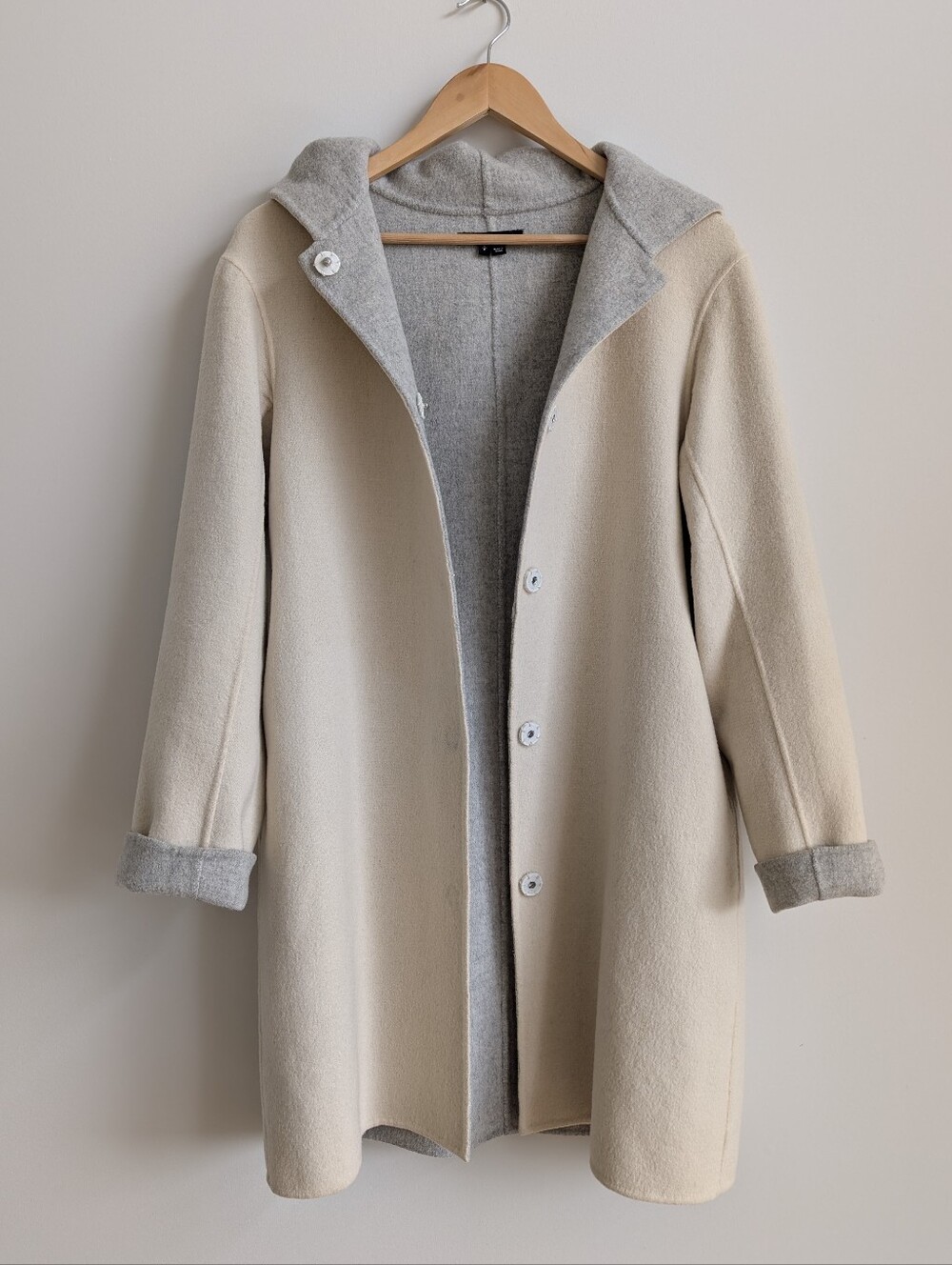 Theory Wool Cashmere Cream Grey Hooded Jacket Coat Relaxed Fit Small